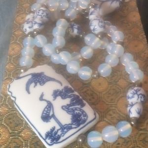 Moonstone with Chinese Porcelain Necklace.Chinese Export?apox 35 in.